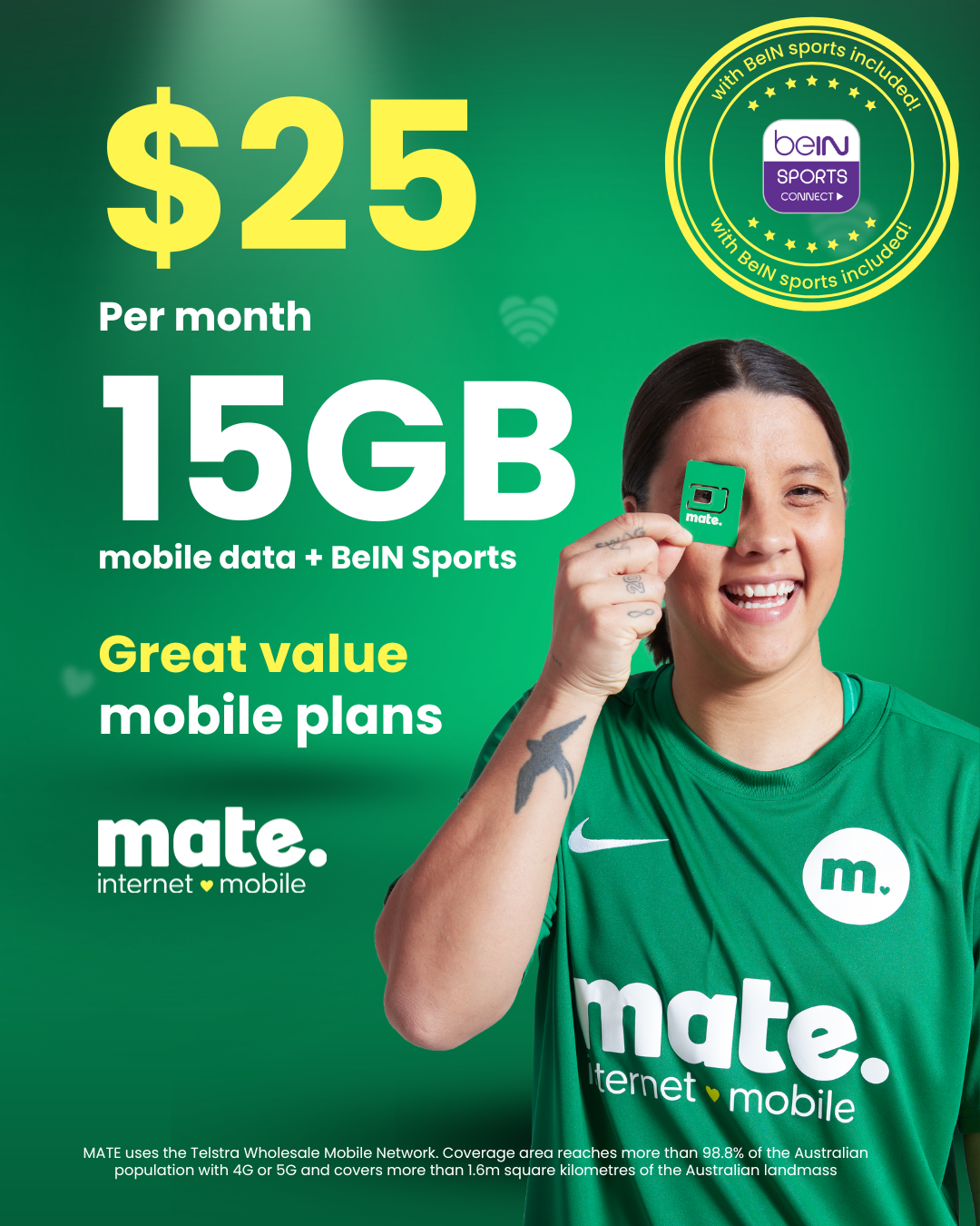 Mate x beIN Sports campaign — $25 mobile plan ad