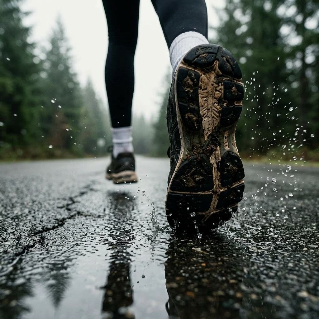 The Race — the FINISH banner emerging from the mist over a wet forest road