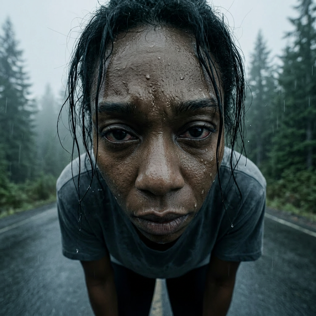 The Race — the runner catching her breath, still on her feet