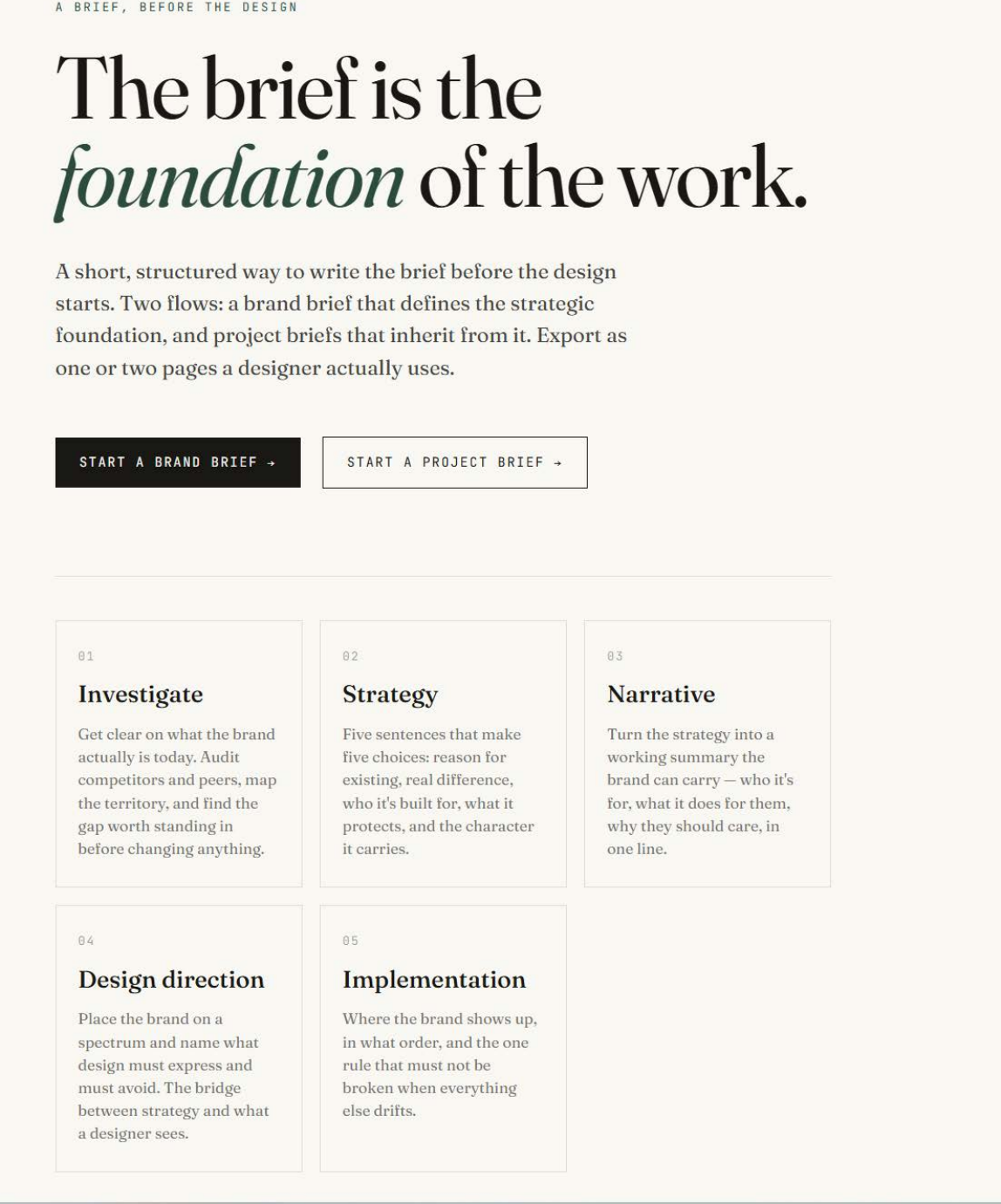 Brivd — 'The brief is the foundation of the work' landing screen