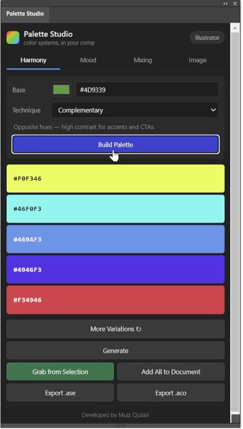 Palette Studio — a high-contrast complementary palette, ready to export