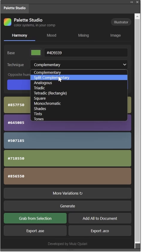 Palette Studio — the harmony techniques: complementary, triadic, tetradic, monochromatic and more